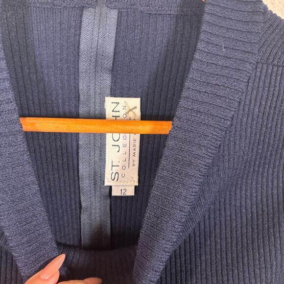 ST JOHN Knit Black White Sleeves Classic Career Modest Midi Dress 12 - Picture 3 of 5